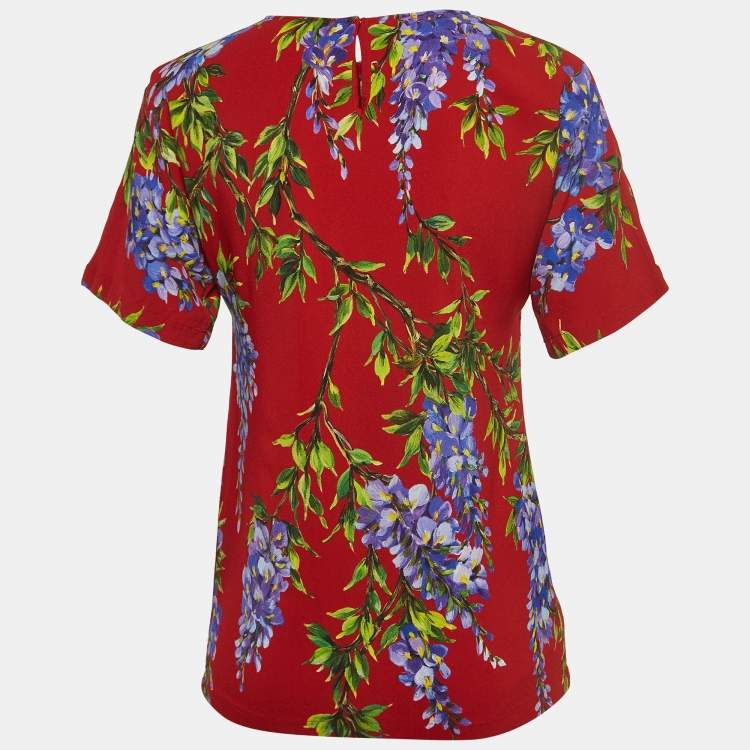 Pre Owned Dolce & Gabbana Red Floral Print Crepe Short Sleeve Blouse S