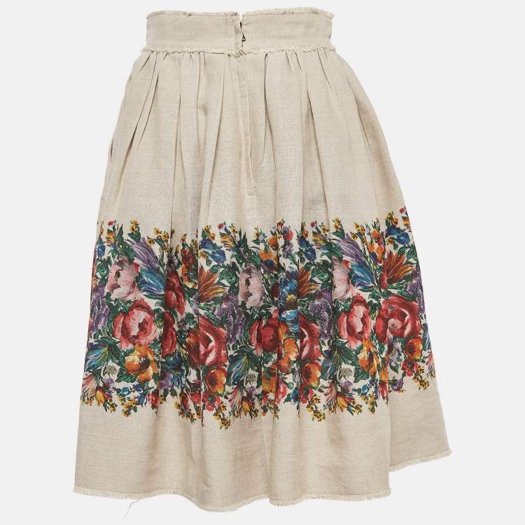 Pre Owned Dolce & Gabbana Brown Floral Print Linen Gathered Midi Skirt S