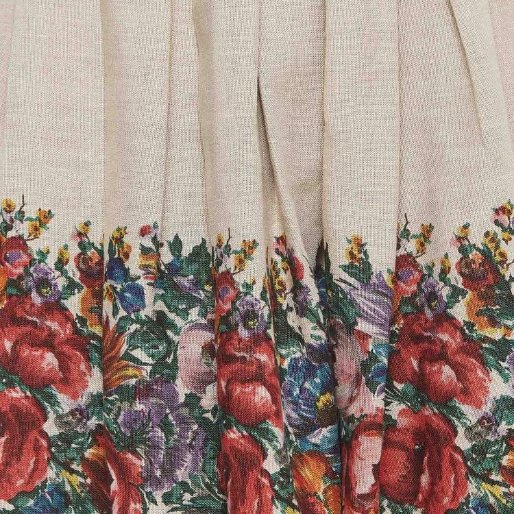 Pre Owned Dolce & Gabbana Brown Floral Print Linen Gathered Midi Skirt S