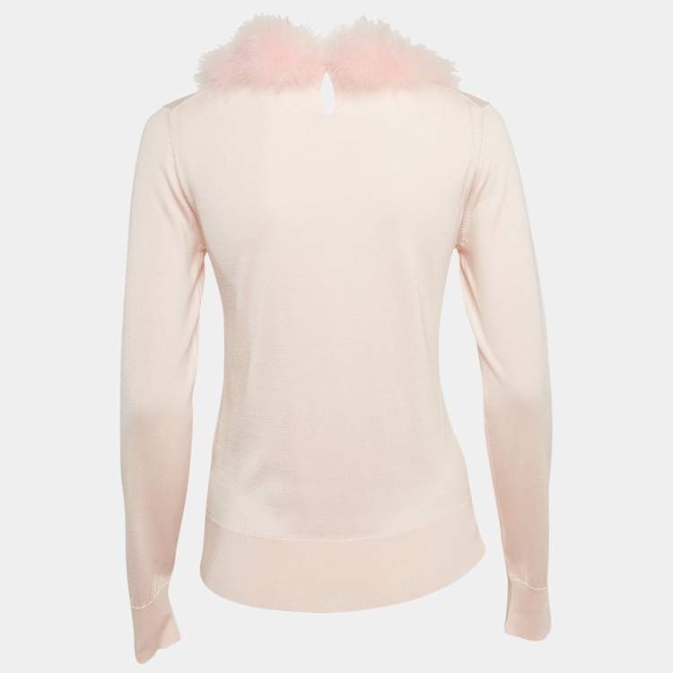 Pre Owned Dolce & Gabbana Powder Pink Feather Trimmed Silk Knit Long Sleeve Jumper S