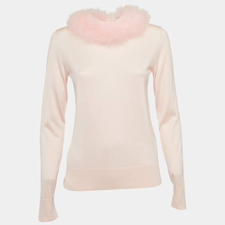 Pre Owned Dolce & Gabbana Powder Pink Feather Trimmed Silk Knit Long Sleeve Jumper S
