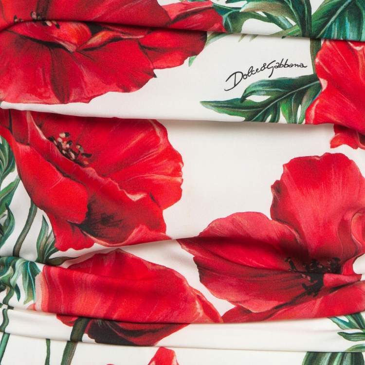 Pre Owned Dolce & Gabbana White/Red Floral Print Silk Ruched Mini Dress M   