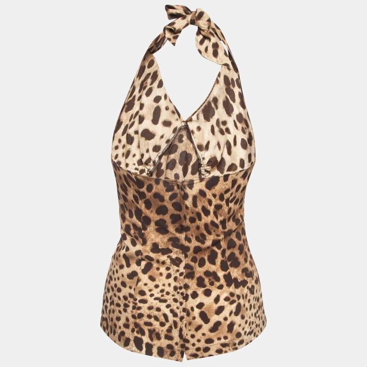 مملوكة مسبقًا Dolce & Gabbana Brown Leopard Print Silk Tie-Up Halter Neck Top S