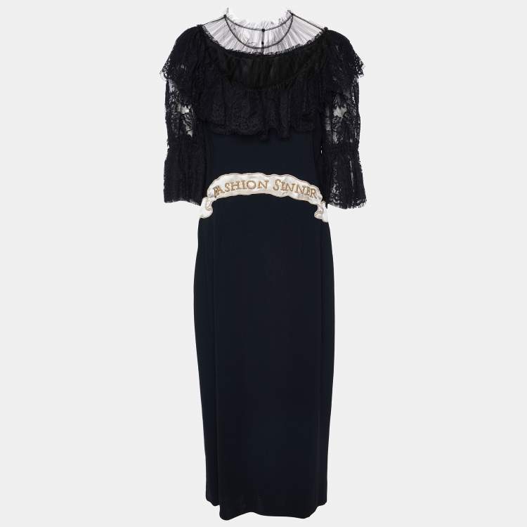 مملوكة مسبقًا Dolce & Gabbana Black Crepe & Lace Fashion Sinner Embellished Midi Dress L