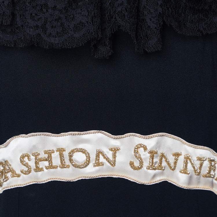 مملوكة مسبقًا Dolce & Gabbana Black Crepe & Lace Fashion Sinner Embellished Midi Dress L