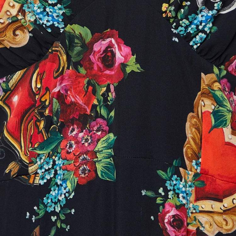 Pre Owned Dolce & Gabbana Black Scared Heart Print Silk Lace Trim Midi Dress XL