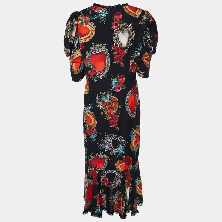 Pre Owned Dolce & Gabbana Black Scared Heart Print Silk Lace Trim Midi Dress XL