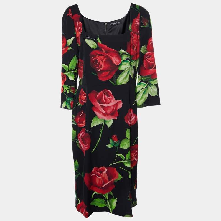 Pre Owned Dolce & Gabbana Black Rose Print Silk Sheath Dress XL
