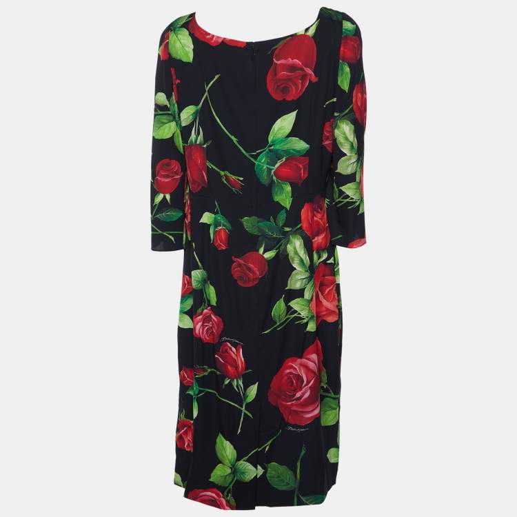 Pre Owned Dolce & Gabbana Black Rose Print Silk Sheath Dress XL