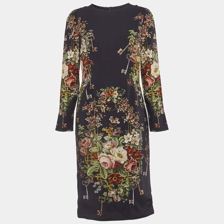 مملوكة مسبقًا Dolce & Gabbana Navy Blue Floral & Key Print Crepe Midi Dress L