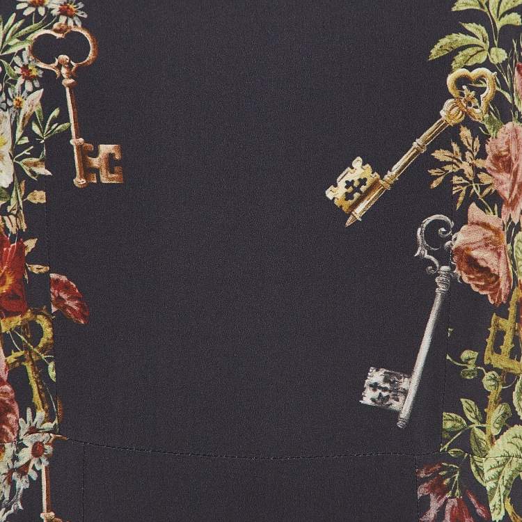 مملوكة مسبقًا Dolce & Gabbana Navy Blue Floral & Key Print Crepe Midi Dress L