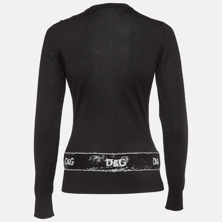 Pre Owned Dolce & Gabbana Black Logo Sequin Knit Rose Metal Buttoned Cardigan S
