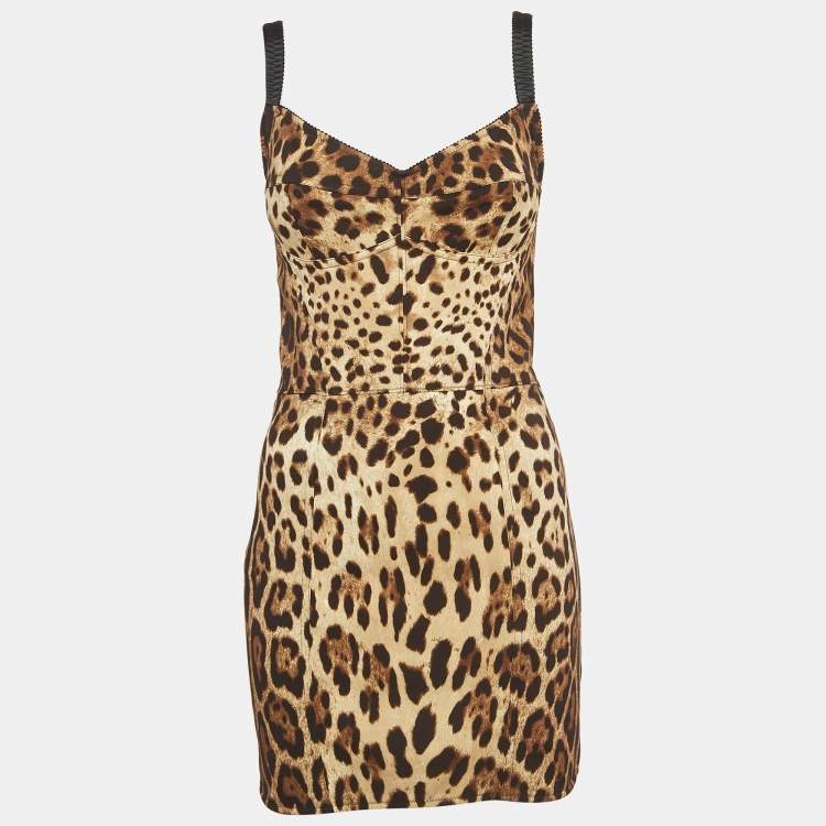مملوكة مسبقًا Dolce & Gabbana Brown Leopard Print Silk Blend Corset Strappy Mini Dress M