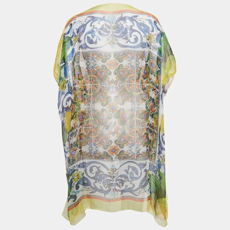 Pre Owned Dolce & Gabbana Multicolor Majolica Print Silk Semi Sheer Cover Up Kaftan Dress S