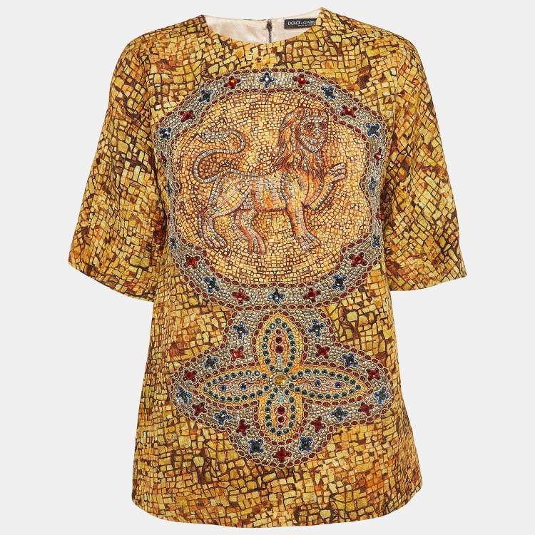 مملوكة مسبقًا Dolce & Gabbana Yellow Embroidered Mosaic Print Wool Blouse S