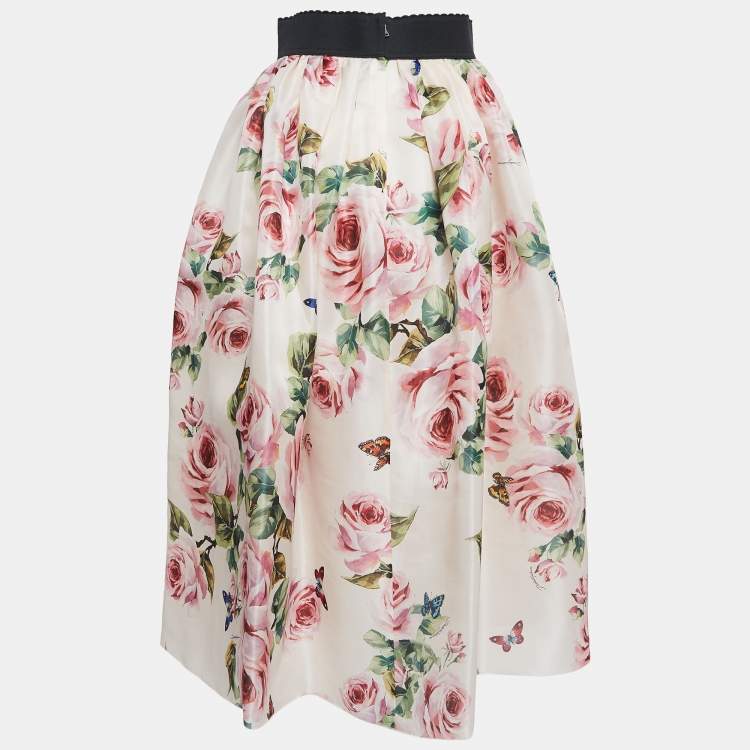 Pre Owned Dolce & Gabbana Pink Rose Print Silk Gathered Midi Skirt S