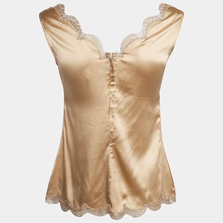 Pre Owned Dolce & Gabbana Brown Silk Satin Scalloped Lace Detail Camisole XL