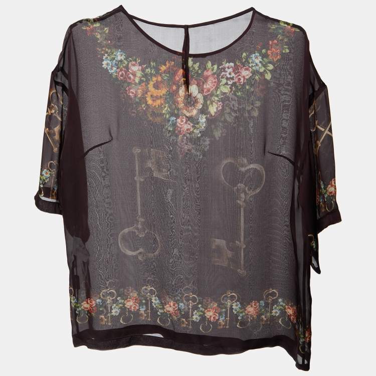 Pre Owned Dolce & Gabbana Deep Maroon Floral Key Print Silk Sheer Blouse S