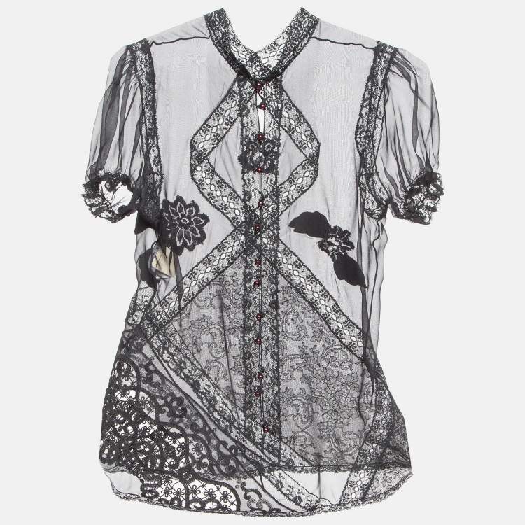 Pre Owned Dolce & Gabbana Black Lace Trim Silk Applique Detail Sheer Top M