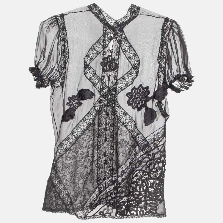 Pre Owned Dolce & Gabbana Black Lace Trim Silk Applique Detail Sheer Top M
