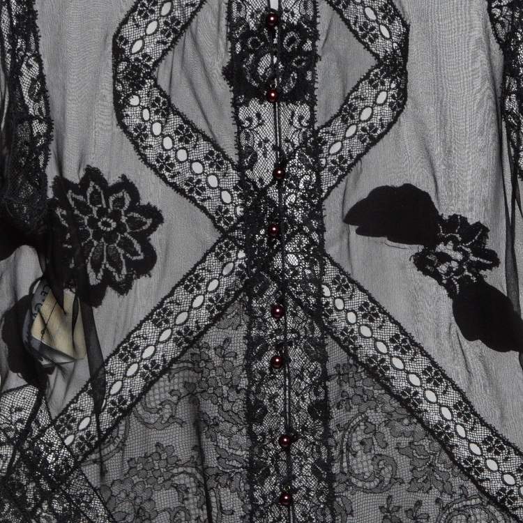 Pre Owned Dolce & Gabbana Black Lace Trim Silk Applique Detail Sheer Top M