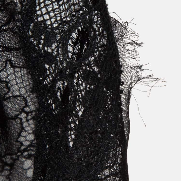 Pre Owned Dolce & Gabbana Black Lace Trim Silk Applique Detail Sheer Top M