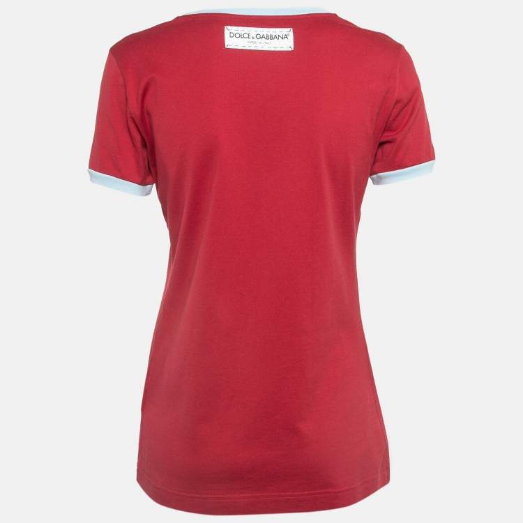 Pre Owned Dolce & Gabbana Red Logo Printed Cotton Contrast Detail T-Shirt S