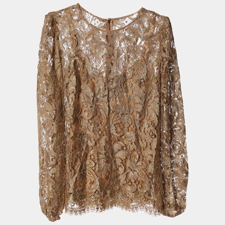 Pre Owned Dolce & Gabbana Ochre Lace Long Sleeve Blouse S