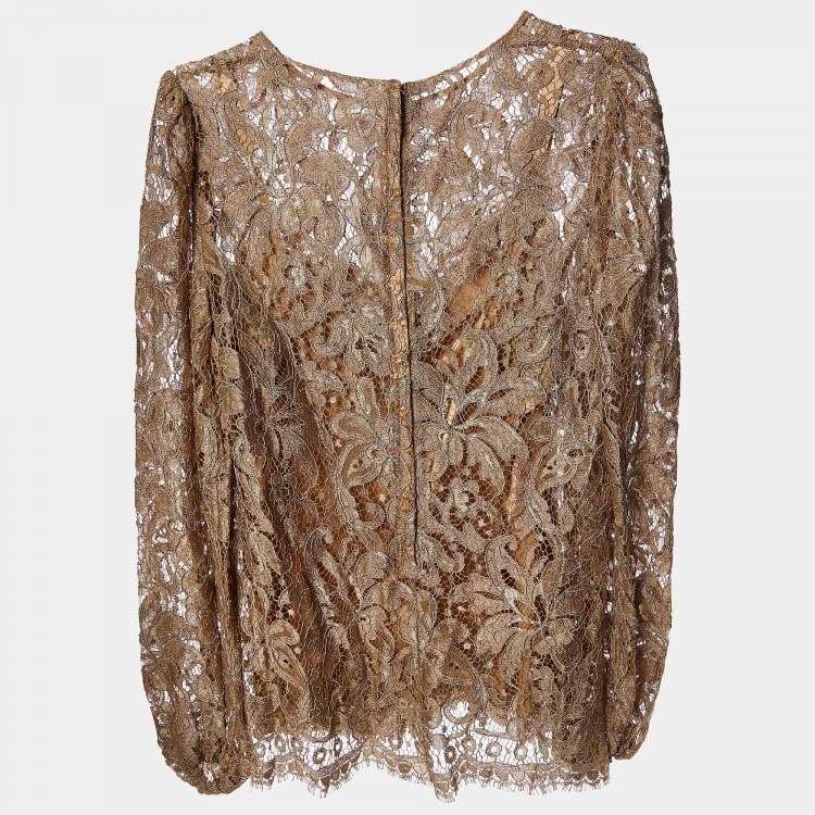 Pre Owned Dolce & Gabbana Ochre Lace Long Sleeve Blouse S