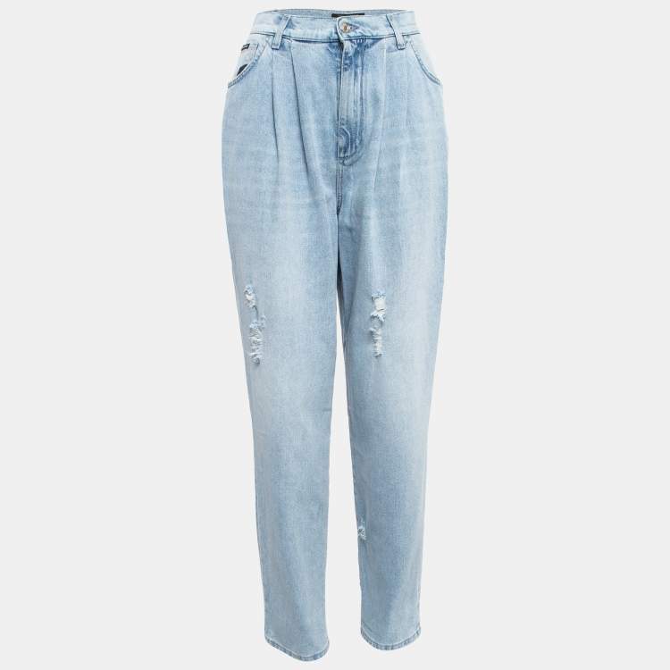 Pre Owned Dolce & Gabbana Light Blue Ripped Denim Pleated Jeans M Waist 28"