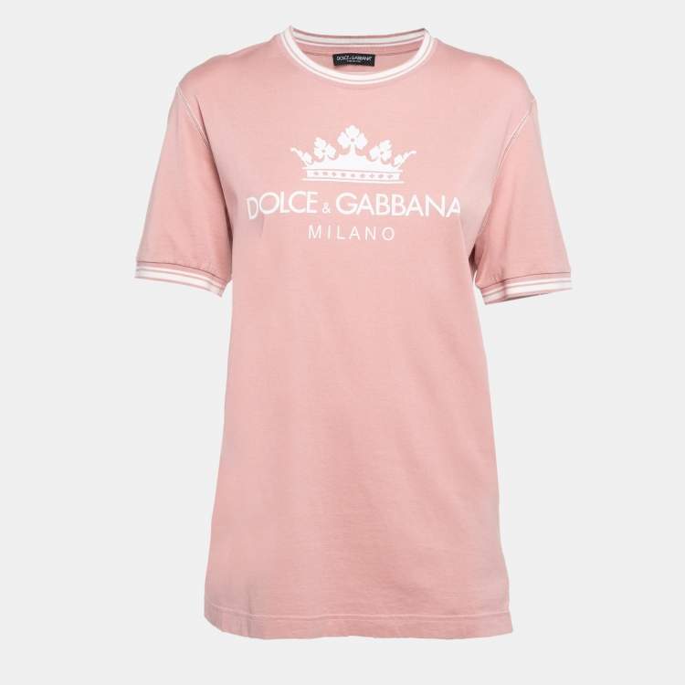 Pre Owned Dolce & Gabbana Pink Crown Print Cotton Knit Crew Neck T-Shirt L