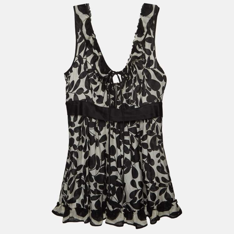 مملوكة مسبقًا Dolce & Gabbana Monochrome Leaf Print Silk Ruffled Top M