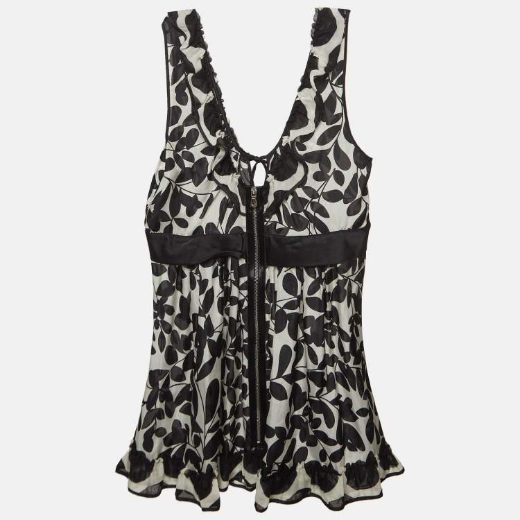 مملوكة مسبقًا Dolce & Gabbana Monochrome Leaf Print Silk Ruffled Top M