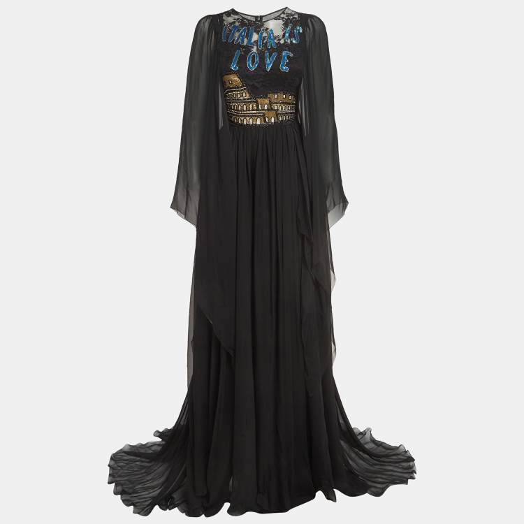 Pre Owned Dolce & Gabbana Black Sequin Embellished Lace Trim Silk Flared Sleeve Gown S