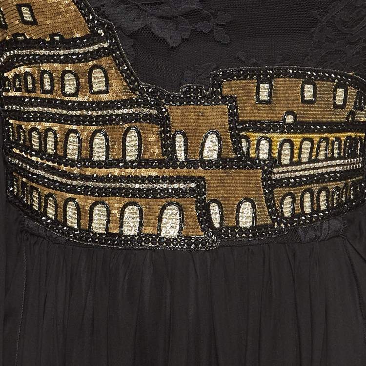 Pre Owned Dolce & Gabbana Black Sequin Embellished Lace Trim Silk Flared Sleeve Gown S