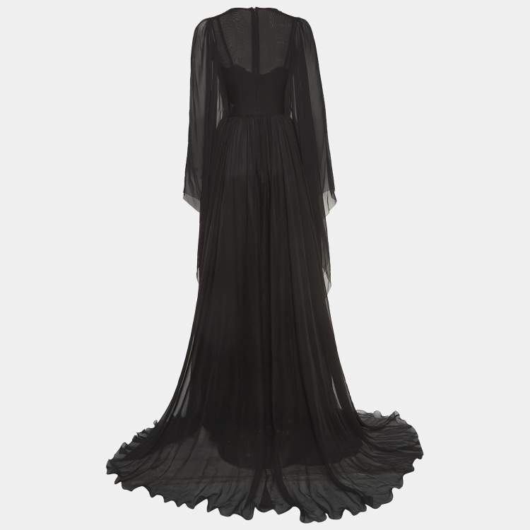 Pre Owned Dolce & Gabbana Black Sequin Embellished Lace Trim Silk Flared Sleeve Gown S