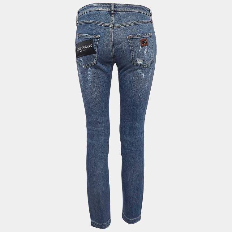 Pre Owned Dolce & Gabbana Blue Distressed Denim Pretty Jeans S Waist 28
