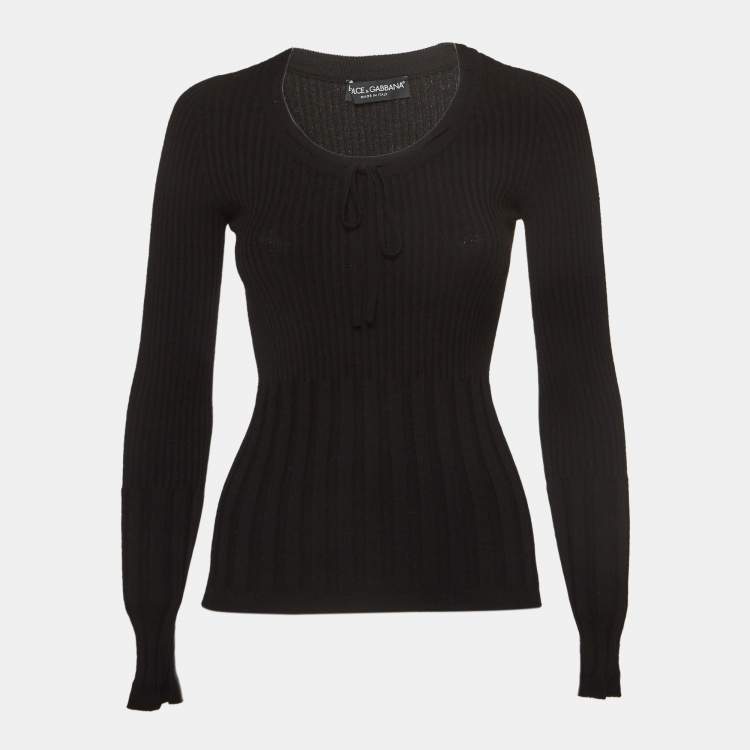 Pre Owned Dolce & Gabbana Black Rib Knit Neck Tie-Up Jumper S