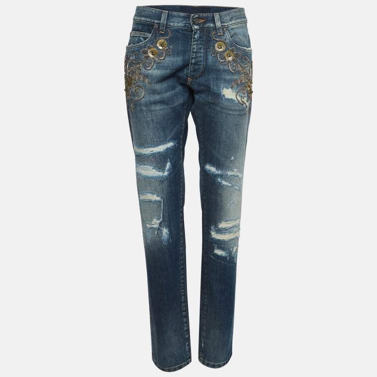 Pre Owned Dolce & Gabbana Navy Blue Ripped Denim Crystal Embellished Jeans L Waist 33"