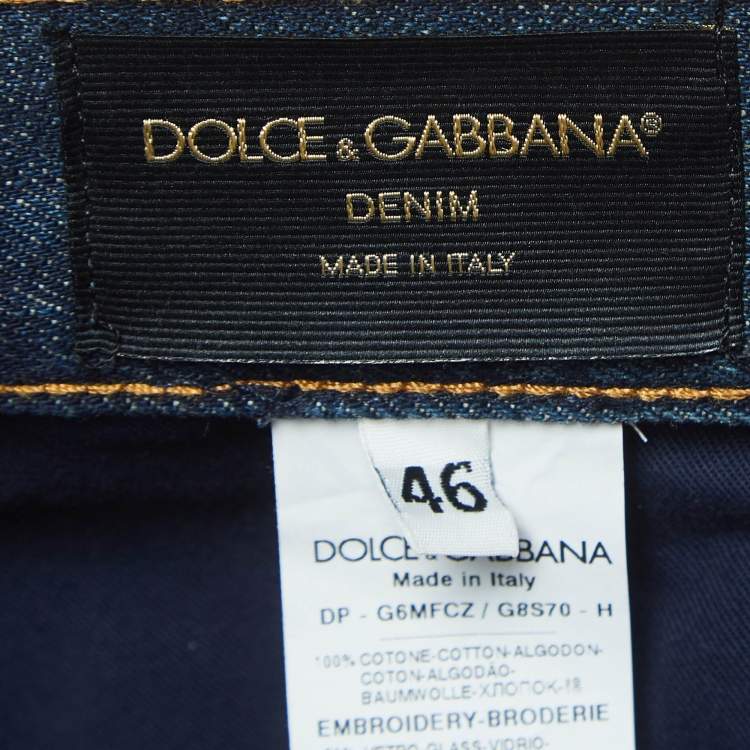 Pre Owned Dolce & Gabbana Navy Blue Ripped Denim Crystal Embellished Jeans L Waist 33"
