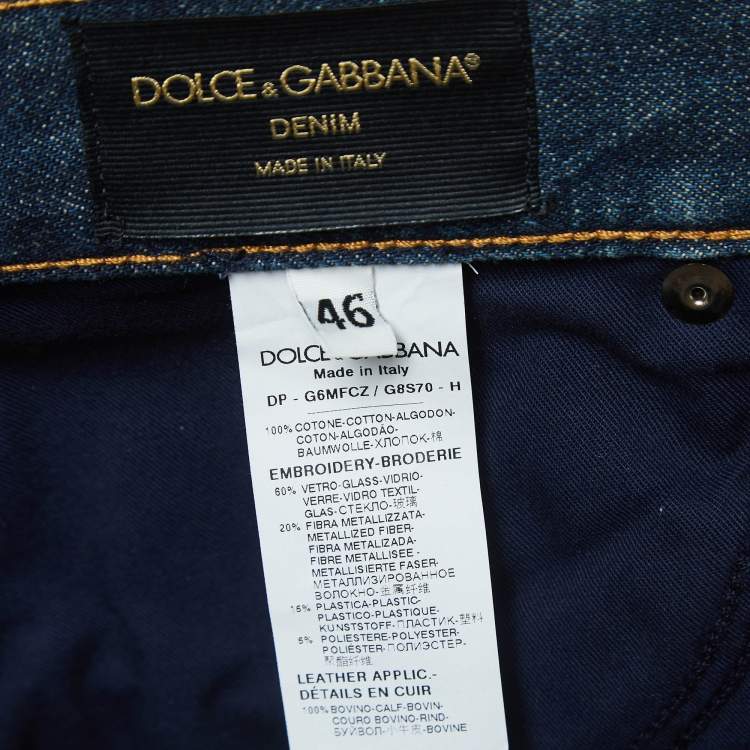 Pre Owned Dolce & Gabbana Navy Blue Ripped Denim Crystal Embellished Jeans L Waist 33"