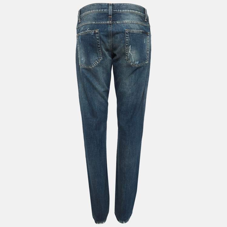 Pre Owned Dolce & Gabbana Navy Blue Ripped Denim Crystal Embellished Jeans L Waist 33"