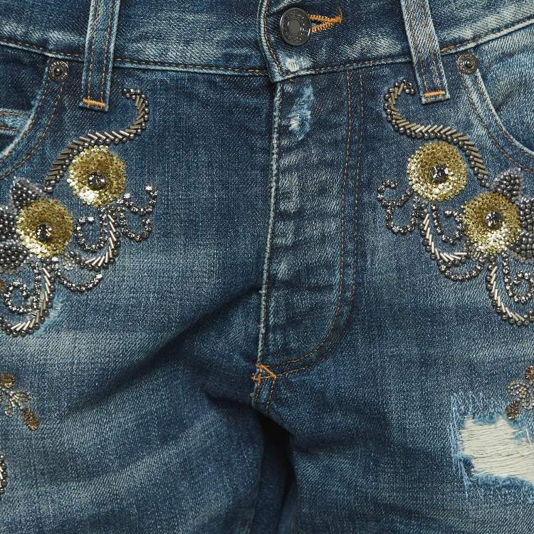 Pre Owned Dolce & Gabbana Navy Blue Ripped Denim Crystal Embellished Jeans L Waist 33"