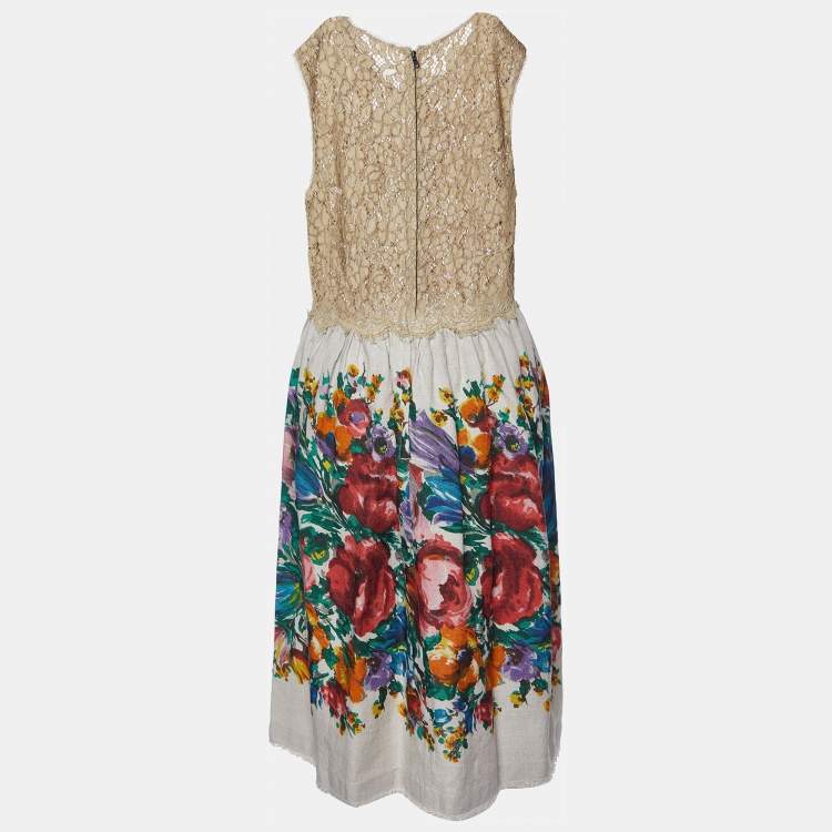Pre Owned Dolce & Gabbana Beige Floral Print Linen & Lace Sleeveless Dress M