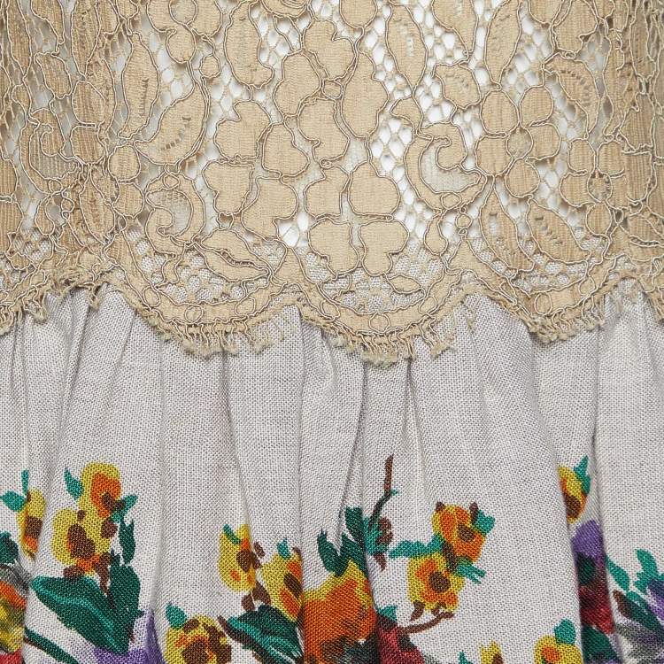 Pre Owned Dolce & Gabbana Beige Floral Print Linen & Lace Sleeveless Dress M
