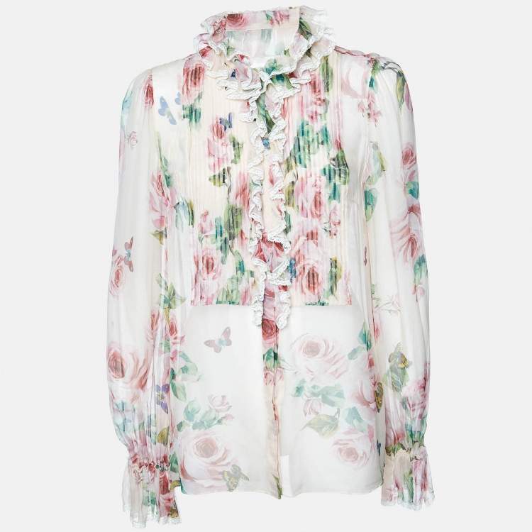 Pre Owned Dolce & Gabbana Pink Floral Print Silk Sheer Blouse M