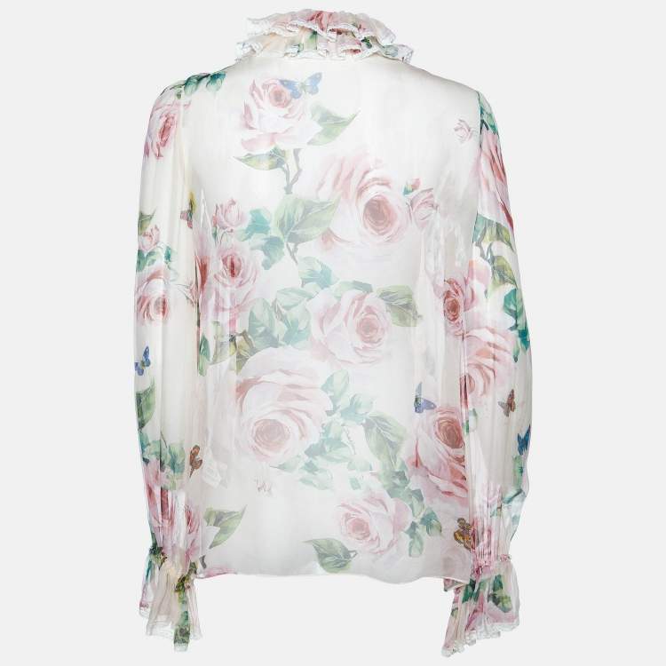 Pre Owned Dolce & Gabbana Pink Floral Print Silk Sheer Blouse M