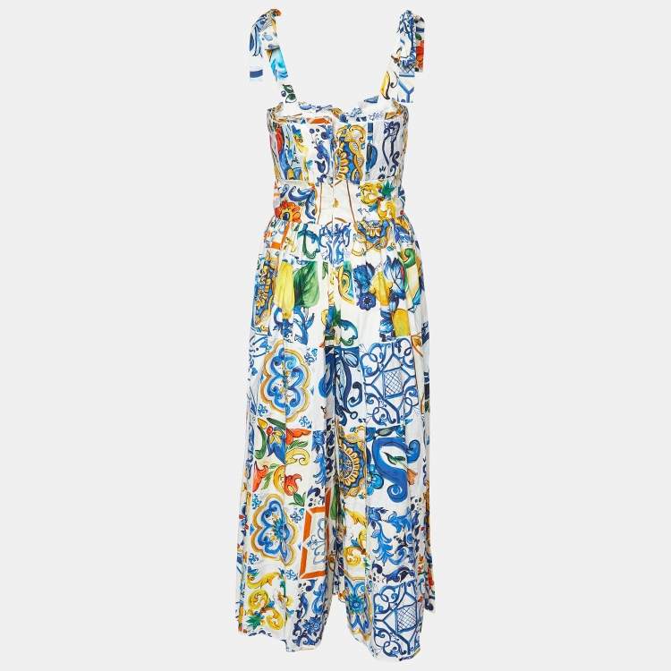 Pre Owned Dolce & Gabbana Multicolor Majolica Print Cotton Square Neck Jumpsuit L