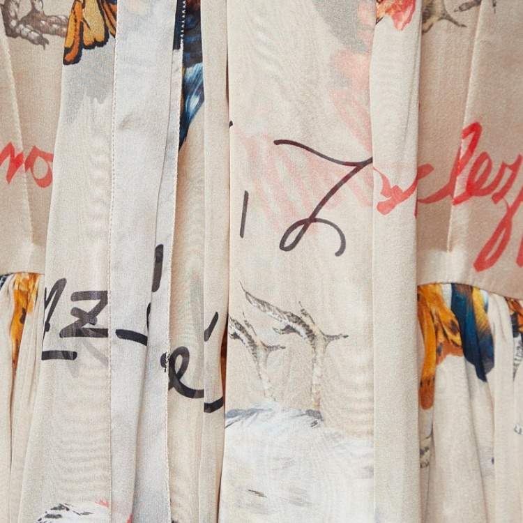 Pre Owned Dolce & Gabbana Beige Hen Print Silk Midi Dress S