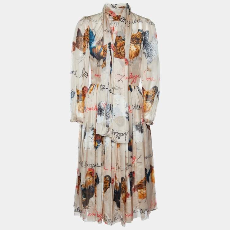 Pre Owned Dolce & Gabbana Beige Hen Print Silk Midi Dress S